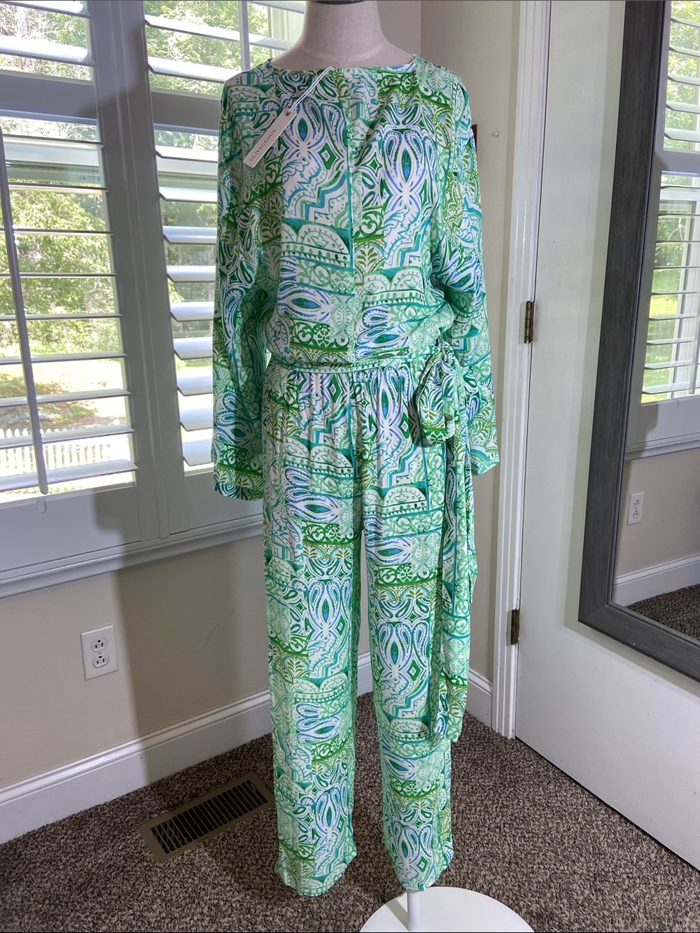 Olivaceous Green Paisley Jumpsuit Size M Bell Sleeves Tie Waist Rayon Boho NWT
